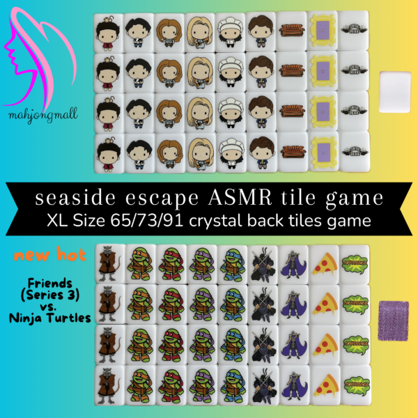(Friends Series 3 vs Ninja turtles) XL Seaside Escape Mahjong Tiles Game Customized Set, Tiktok Viral ASMR Funny Game For Any Age Two Players Puzzle Board Party Game Gifts